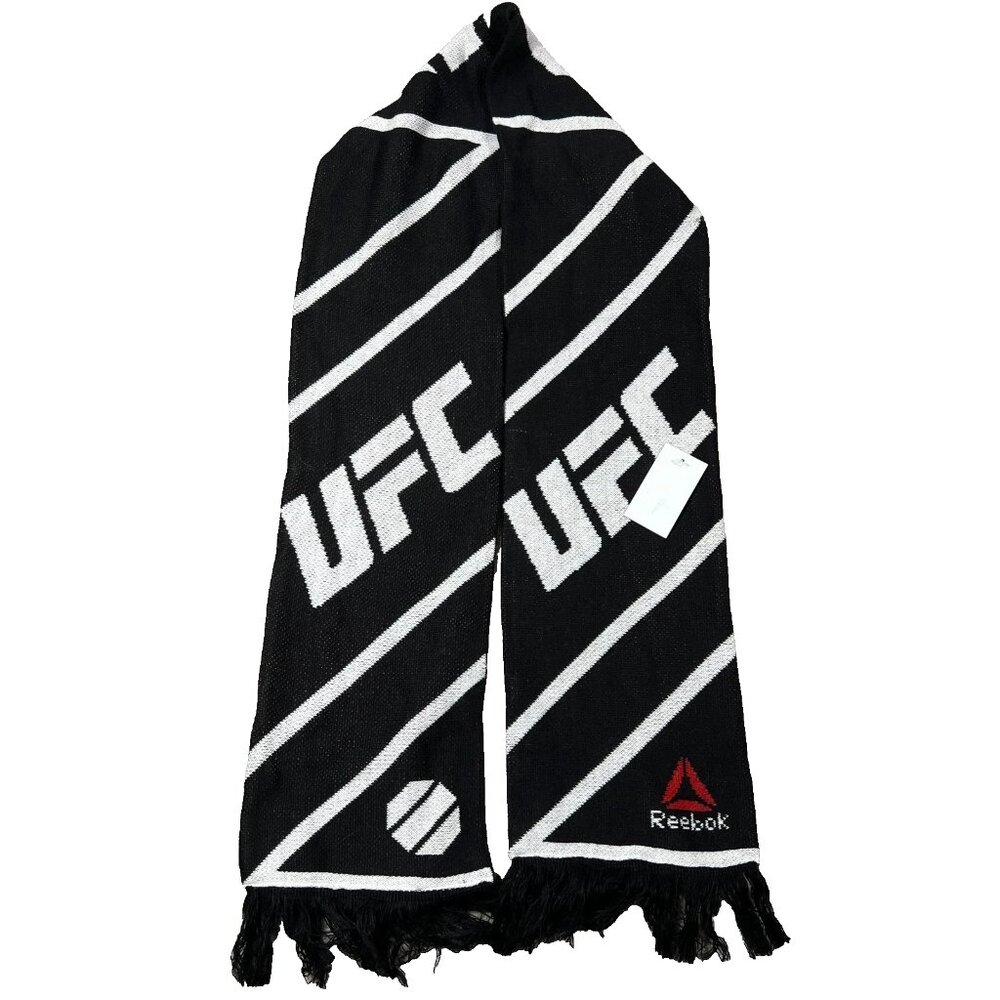 Reebok Unisex One Size Black White Knit Winter Fringe MMA Fan UFC Logo Scarf NWT